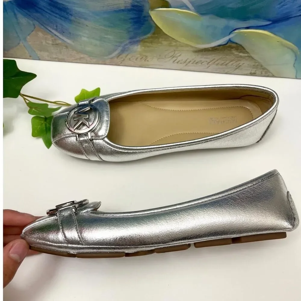 Michael Kors Fulton Metallic Faux Leather Moccasin in Silver MK Logo 6.5